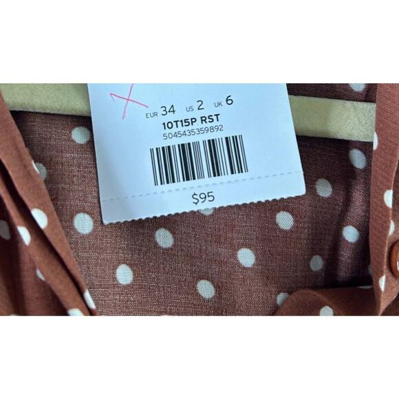 Topshop Brown Cream Polka-Dot 3/4 Sleeve Front Button Pleated Slit Maxi Dress 2 - Picture 10 of 14